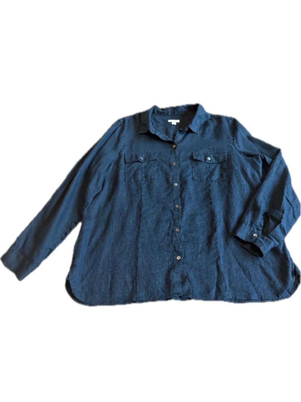 J. Jill Navy Linen Camp Collar Button Down Shirt Long Sleeve Fit X-Large Women's